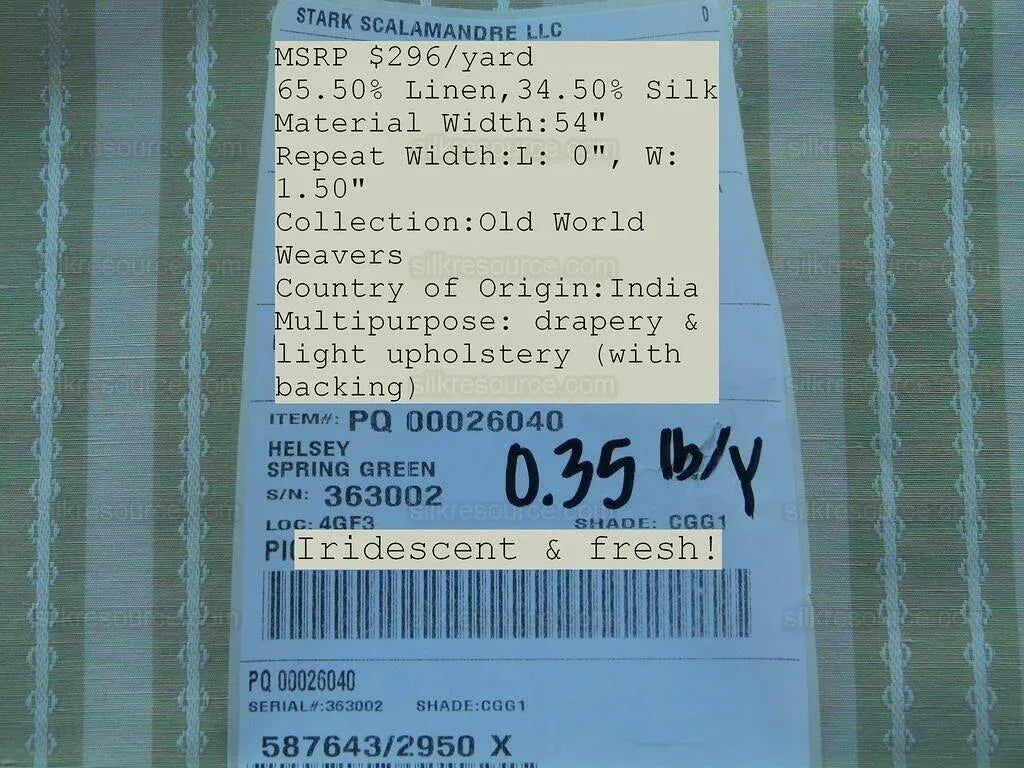 by yard Scalamandre Old World Weavers Helsey Spring Green White Silver Linen Silk Iridescent Stripe MSRP USD 296/Y