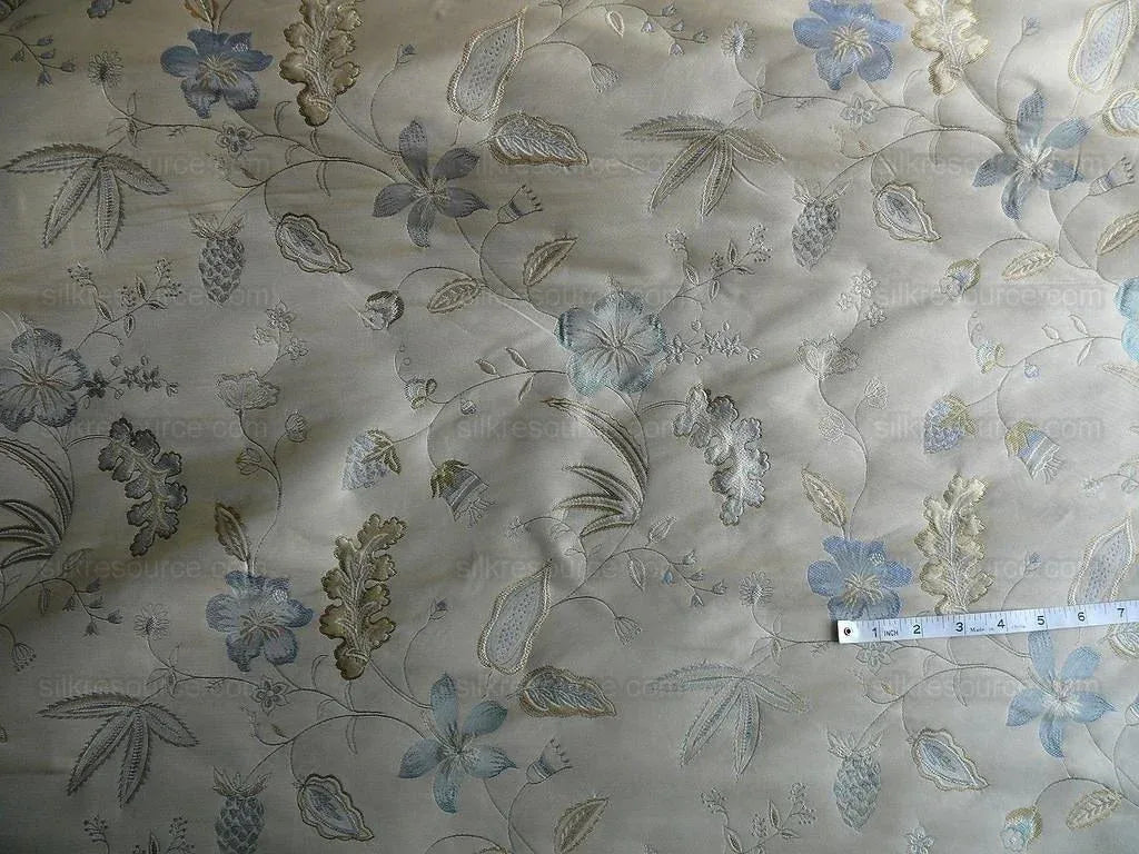 Heavy100%silk Lampas Myth Garden Flower Blue On Beige Bty Sku97
