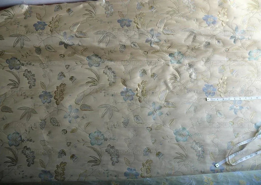 Heavy100%silk Lampas Myth Garden Flower Blue On Beige Bty Sku97