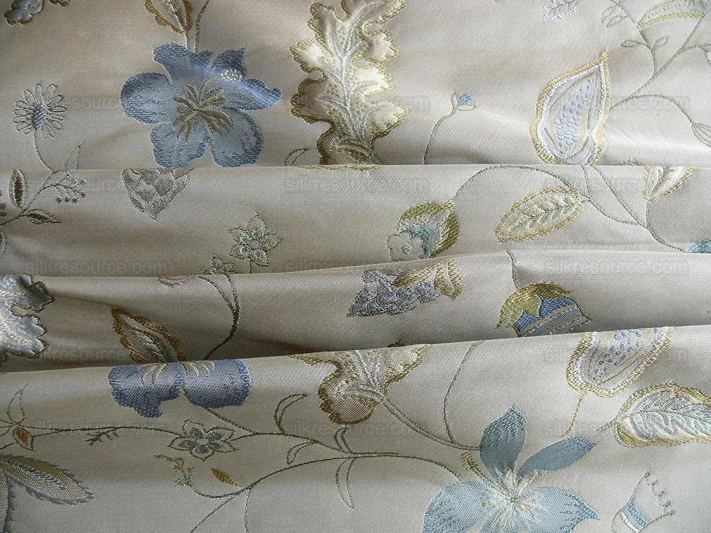 Heavy100%silk Lampas Myth Garden Flower Blue On Beige Bty Sku97