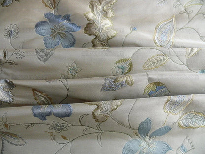 Heavy100%silk Lampas Myth Garden Flower Blue On Beige Bty Sku97