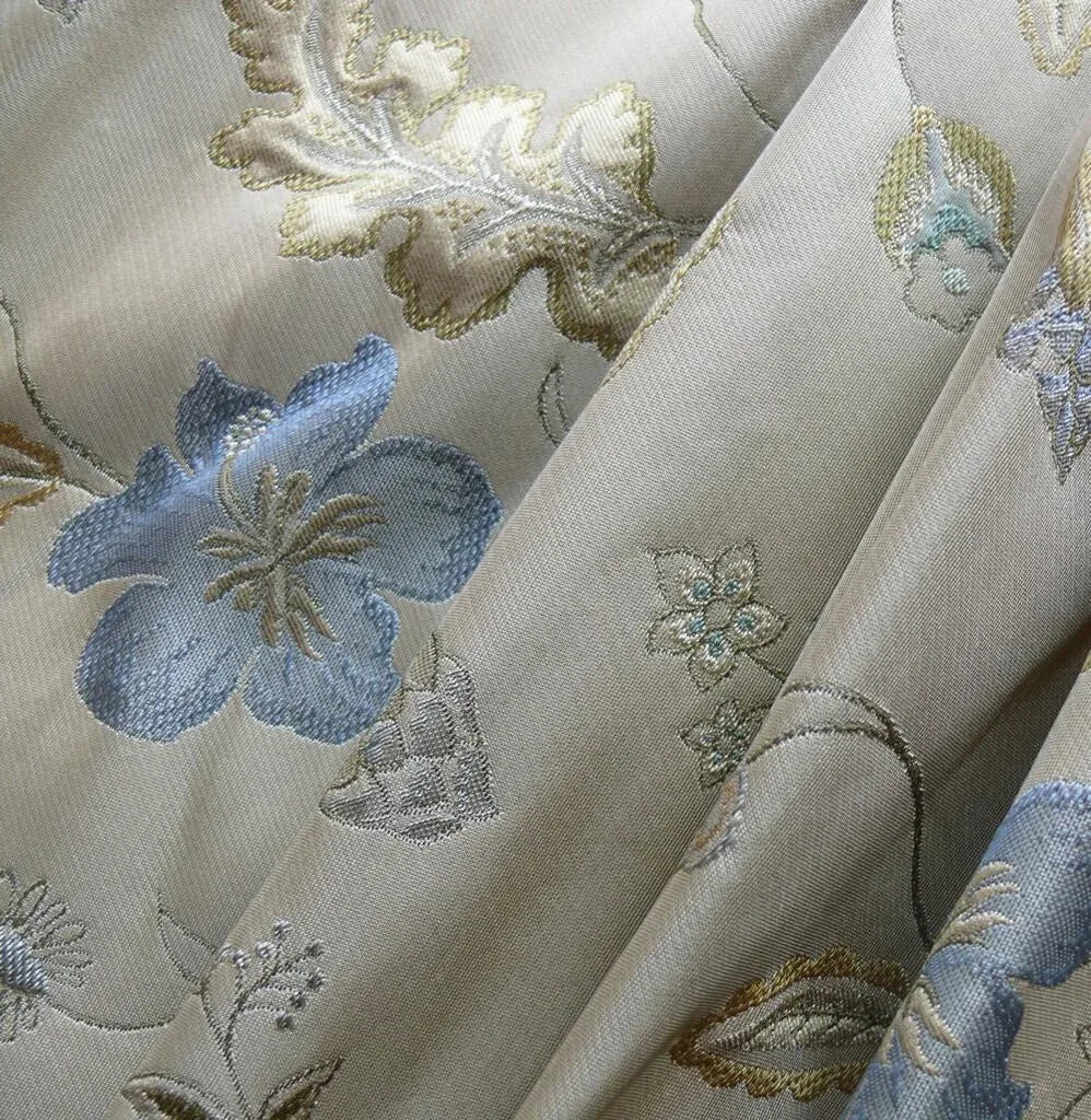 HEAVY100%SILK LAMPAS MYTH GARDEN FLOWER BLUE ON BEIGE BTY SKU97
