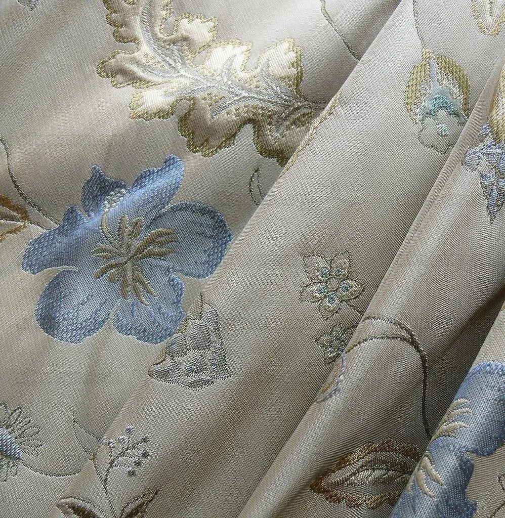 Heavy100%silk Lampas Myth Garden Flower Blue On Beige Bty Sku97