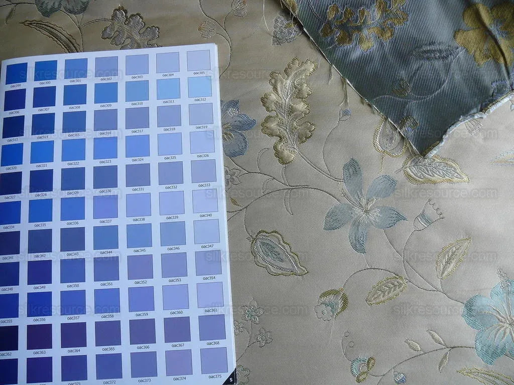 Heavy100%silk Lampas Myth Garden Flower Blue On Beige Bty Sku97