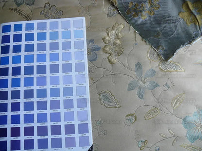 Heavy100%silk Lampas Myth Garden Flower Blue On Beige Bty Sku97