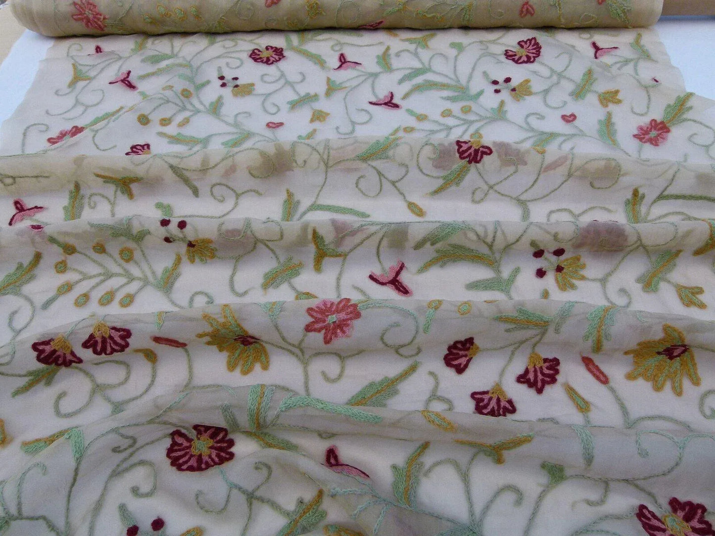 By Yard Kravet Design Embroidered Organza Wool Crewel Red Floral 8515.3 MSRP USD 199/y