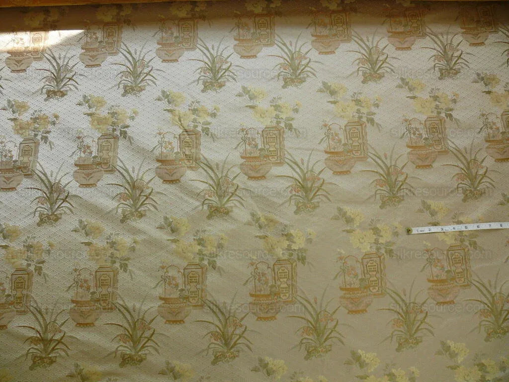High End 100% silk Jacquard Lampas Chinoisery Gold Peony Basket Vase Creamy "goldspun"