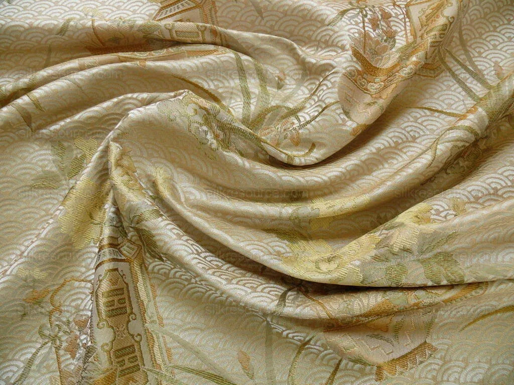 High End 100% silk Jacquard Lampas Chinoisery Gold Peony Basket Vase Creamy "goldspun"