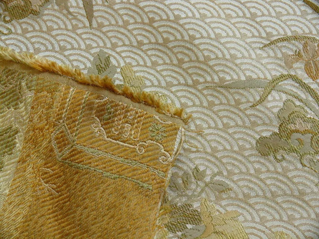 High End 100% silk Jacquard Lampas Chinoisery Gold Peony Basket Vase Creamy "goldspun"