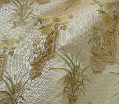 100%SILK CHINOISERY GOLD PEONY BASKET VASE CREAMY "GOLDSPUN"