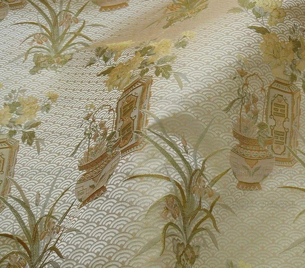 High End 100% silk Jacquard Lampas Chinoisery Gold Peony Basket Vase Creamy "goldspun"