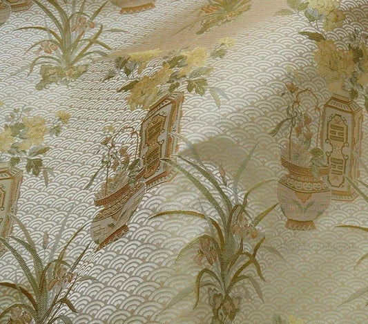 High End 100% silk Jacquard Lampas Chinoisery Gold Peony Basket Vase Creamy "goldspun"