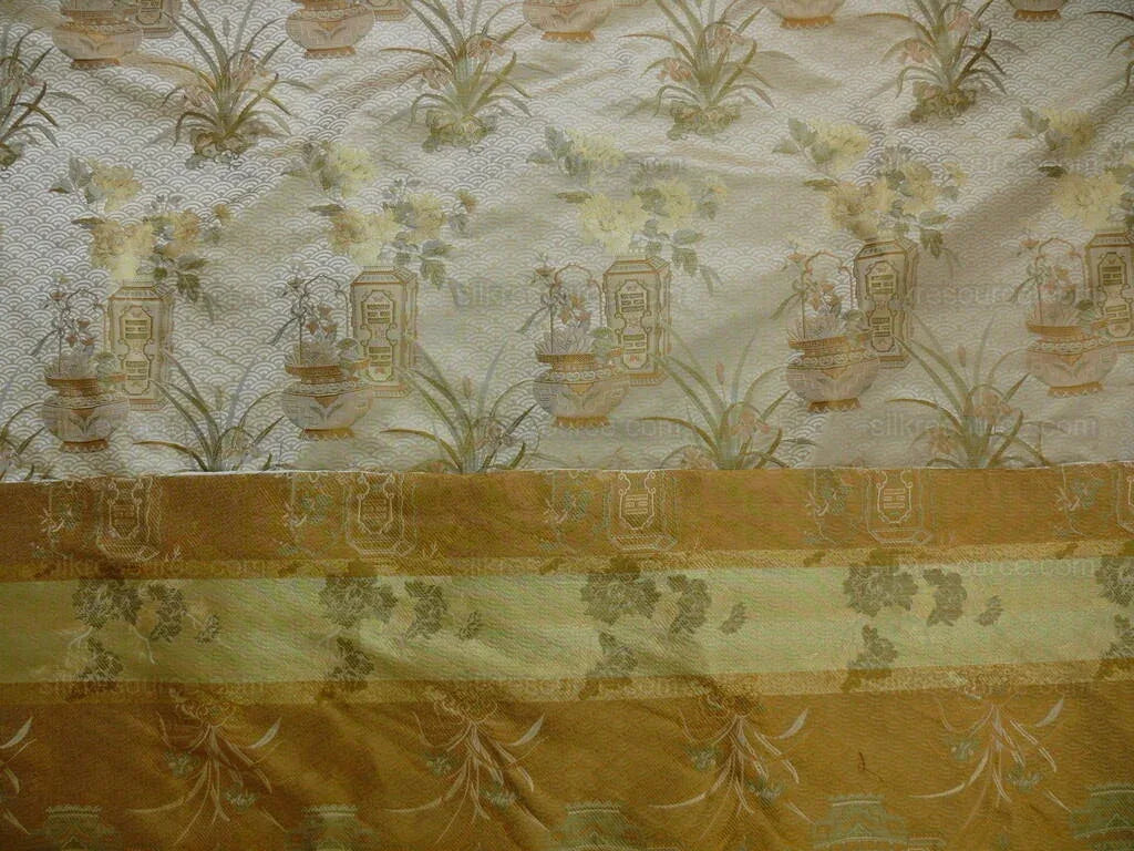 High End 100% silk Jacquard Lampas Chinoisery Gold Peony Basket Vase Creamy "goldspun"