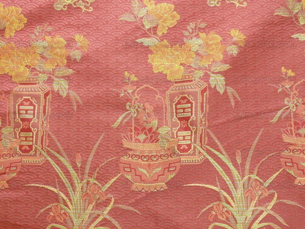by yard 100%silk Lampas Chinoisery Gold Peony Basket Vase Mulberry Red