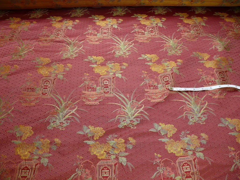 by yard 100%silk Lampas Chinoisery Gold Peony Basket Vase Mulberry Red