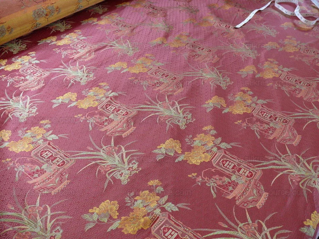 by yard 100%silk Lampas Chinoisery Gold Peony Basket Vase Mulberry Red