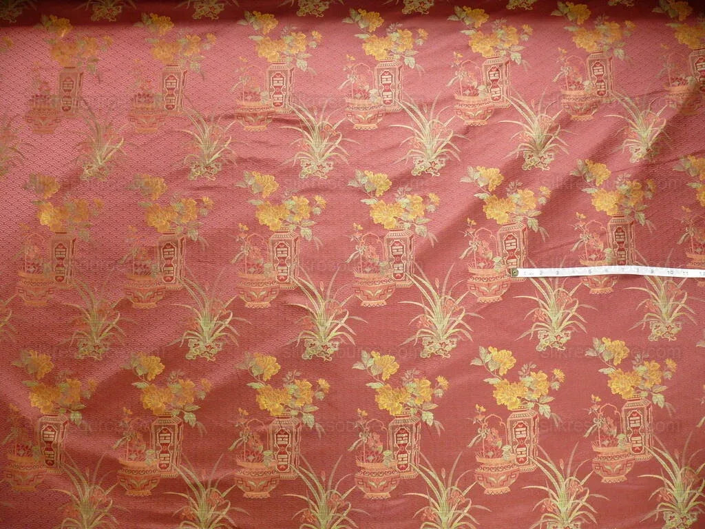 by yard 100%silk Lampas Chinoisery Gold Peony Basket Vase Mulberry Red