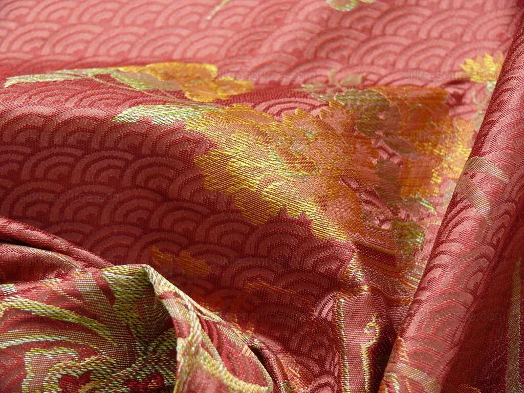 by yard 100%silk Lampas Chinoisery Gold Peony Basket Vase Mulberry Red