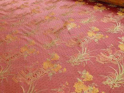 by yard 100%silk Lampas Chinoisery Gold Peony Basket Vase Mulberry Red