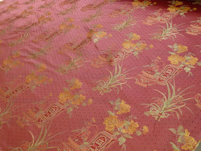 by yard 100%silk Lampas Chinoisery Gold Peony Basket Vase Mulberry Red