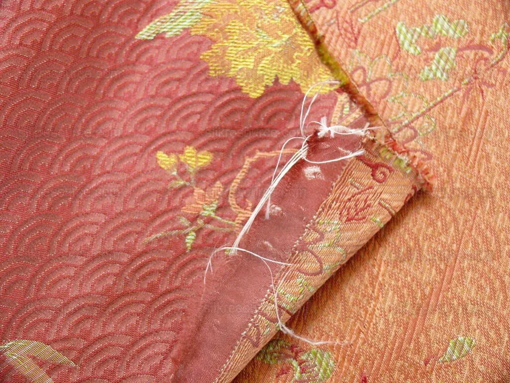 by yard 100%silk Lampas Chinoisery Gold Peony Basket Vase Mulberry Red