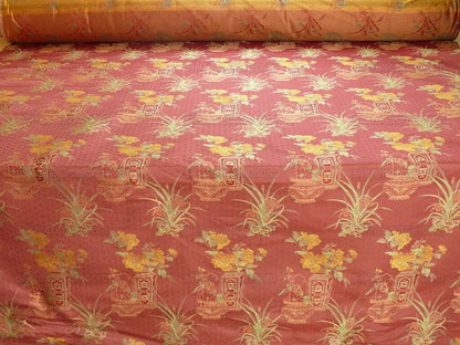 by yard 100%silk Lampas Chinoisery Gold Peony Basket Vase Mulberry Red
