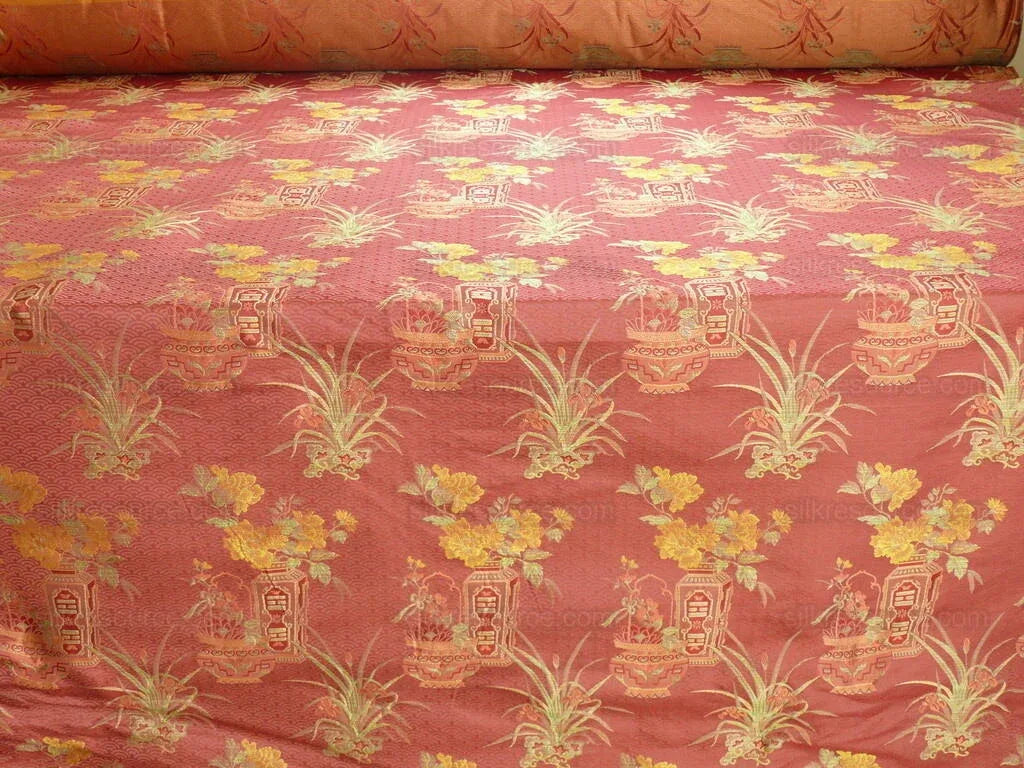 by yard 100%silk Lampas Chinoisery Gold Peony Basket Vase Mulberry Red
