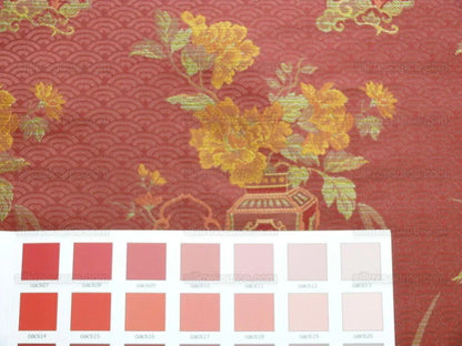 by yard 100%silk Lampas Chinoisery Gold Peony Basket Vase Mulberry Red