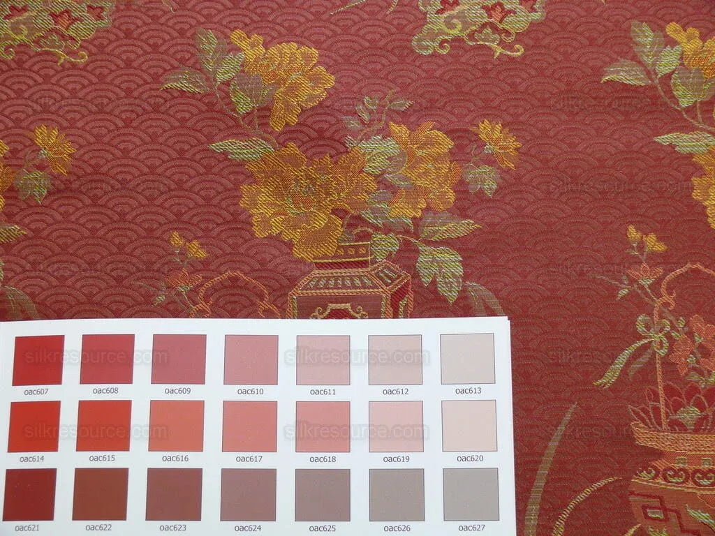 by yard 100%silk Lampas Chinoisery Gold Peony Basket Vase Mulberry Red