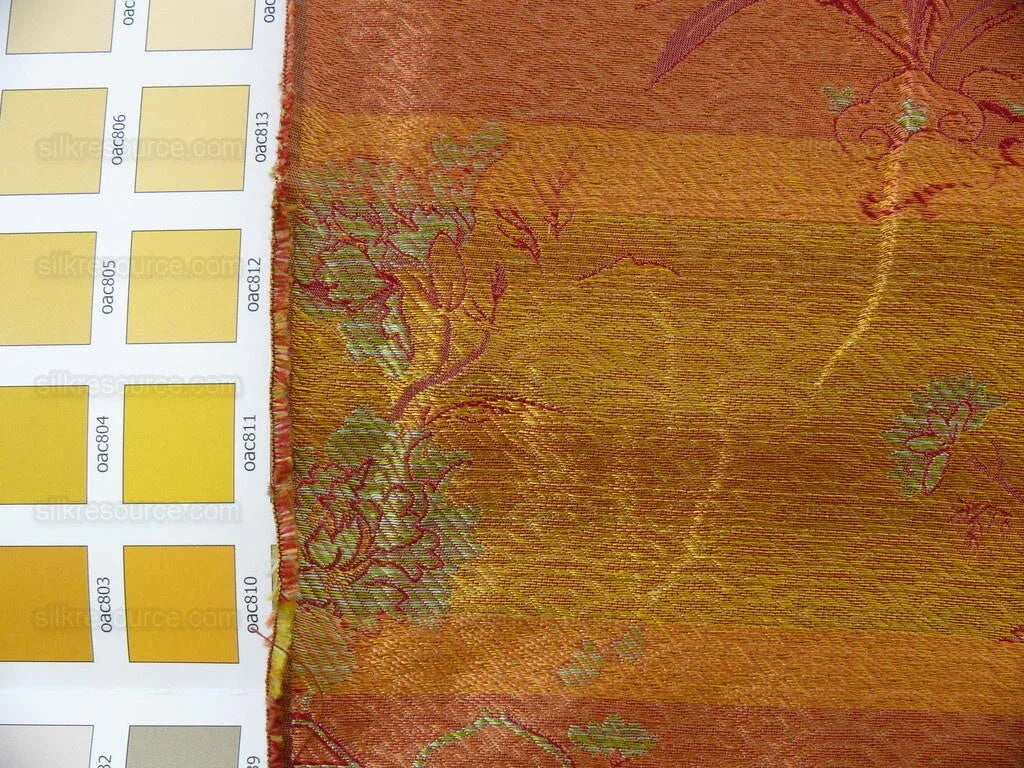 by yard 100%silk Lampas Chinoisery Gold Peony Basket Vase Mulberry Red