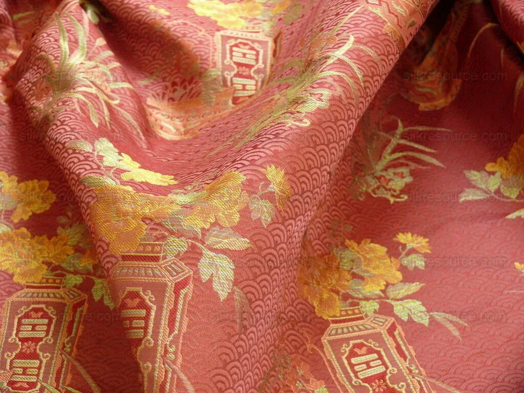 by yard 100%silk Lampas Chinoisery Gold Peony Basket Vase Mulberry Red