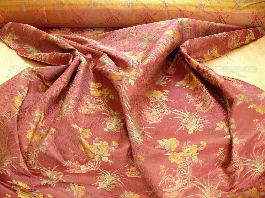 by yard 100%silk Lampas Chinoisery Gold Peony Basket Vase Mulberry Red