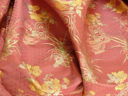 by yard 100%silk Lampas Chinoisery Gold Peony Basket Vase Mulberry Red