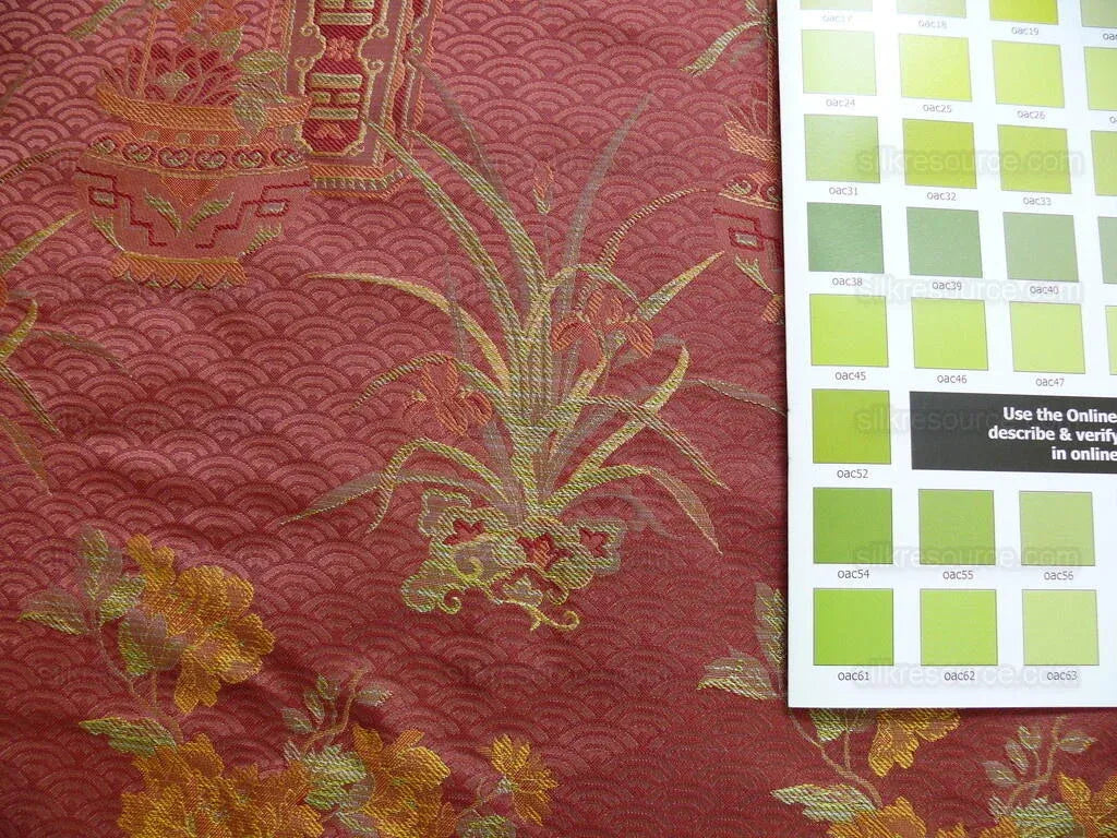 by yard 100%silk Lampas Chinoisery Gold Peony Basket Vase Mulberry Red