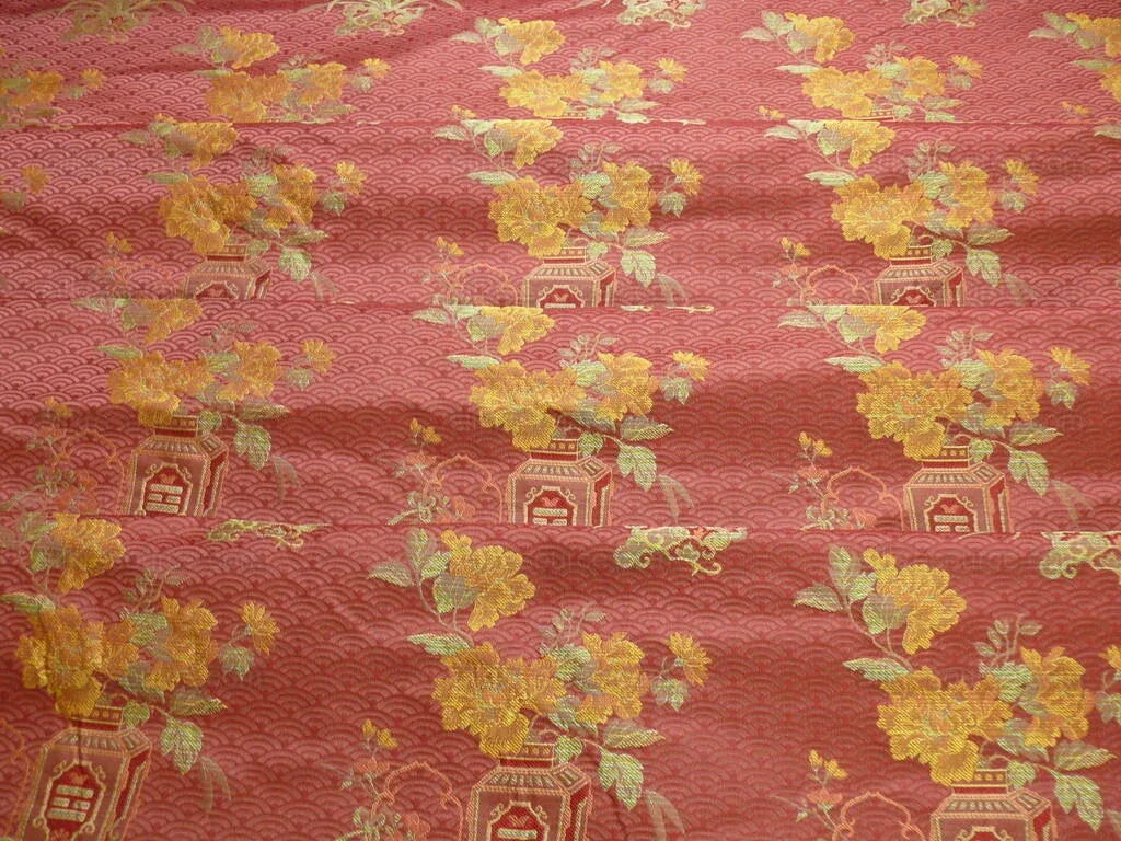 by yard 100%silk Lampas Chinoisery Gold Peony Basket Vase Mulberry Red