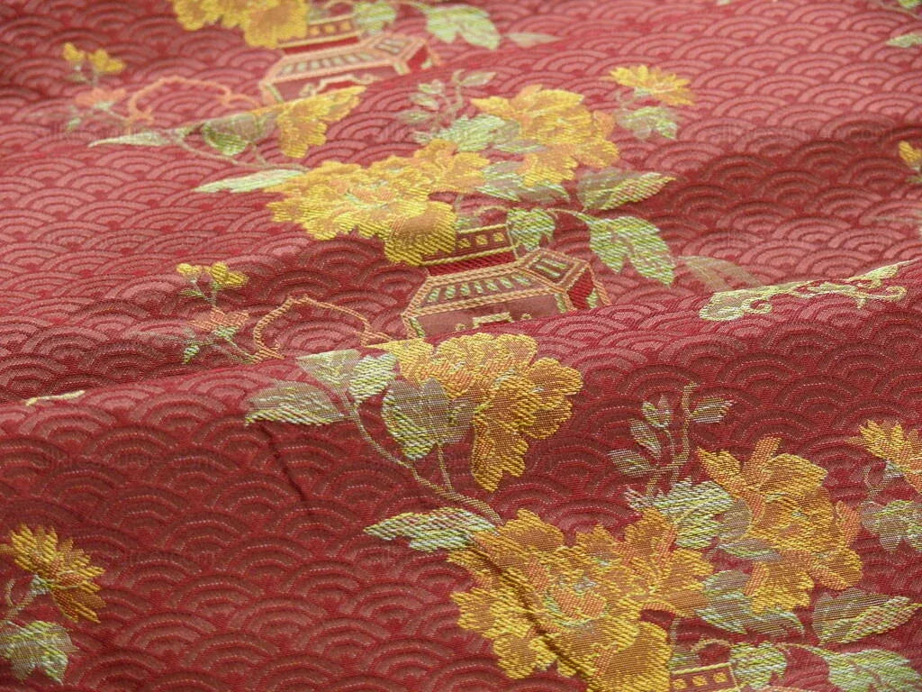 by yard 100%silk Lampas Chinoisery Gold Peony Basket Vase Mulberry Red