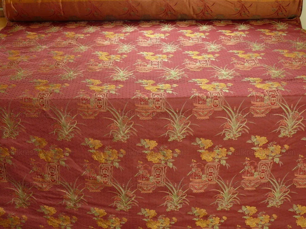 by yard 100%silk Lampas Chinoisery Gold Peony Basket Vase Mulberry Red