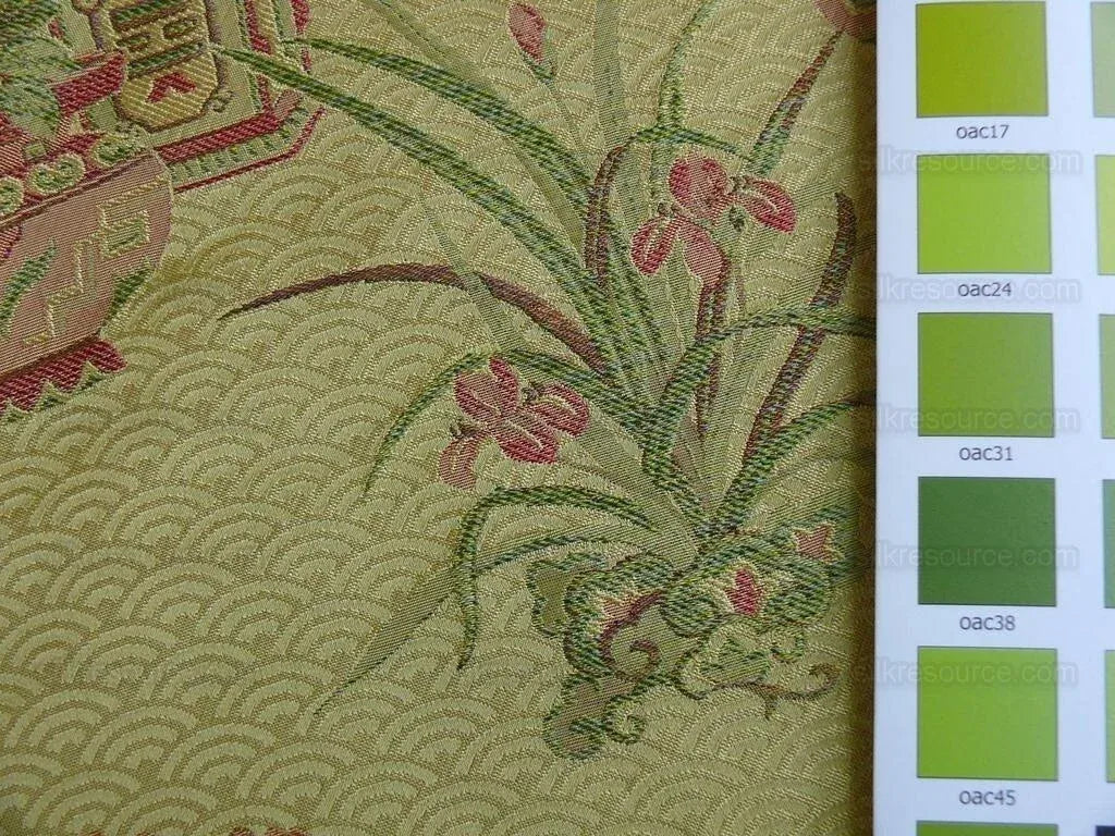 100%silk Chinoisery "carnation"gold Peony Basket Vase Green Purple