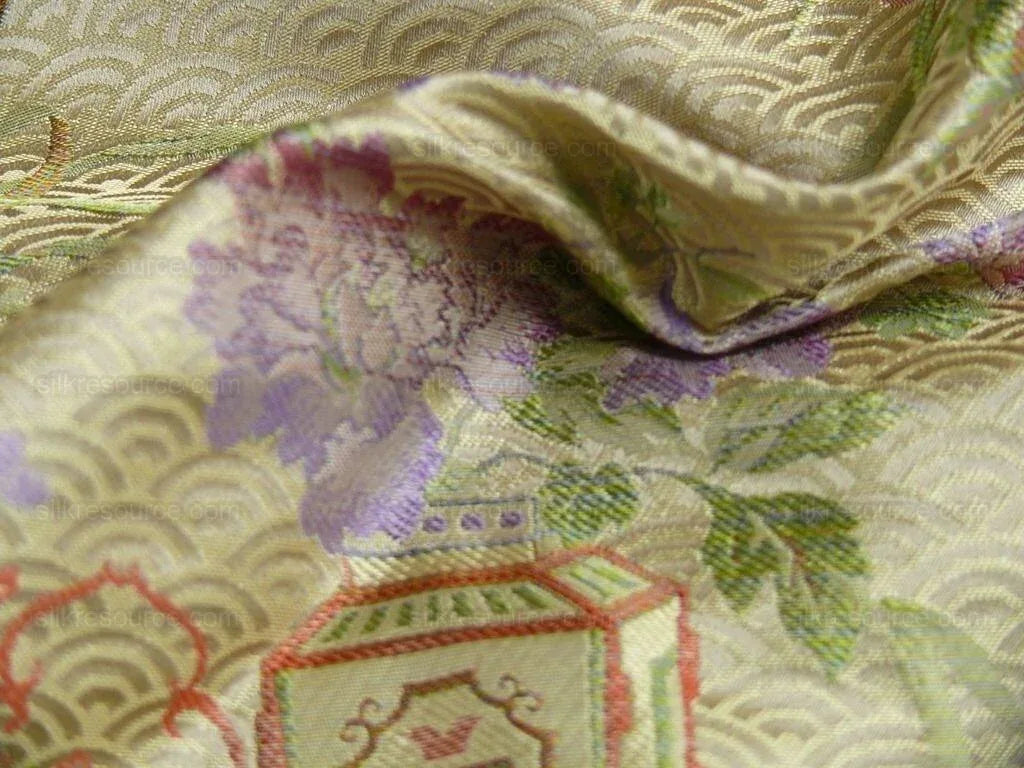 100%silk Chinoisery "carnation"gold Peony Basket Vase Green Purple