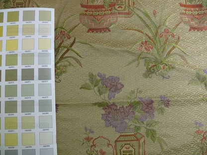 100%silk Chinoisery "carnation"gold Peony Basket Vase Green Purple