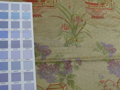 100%silk Chinoisery "carnation"gold Peony Basket Vase Green Purple