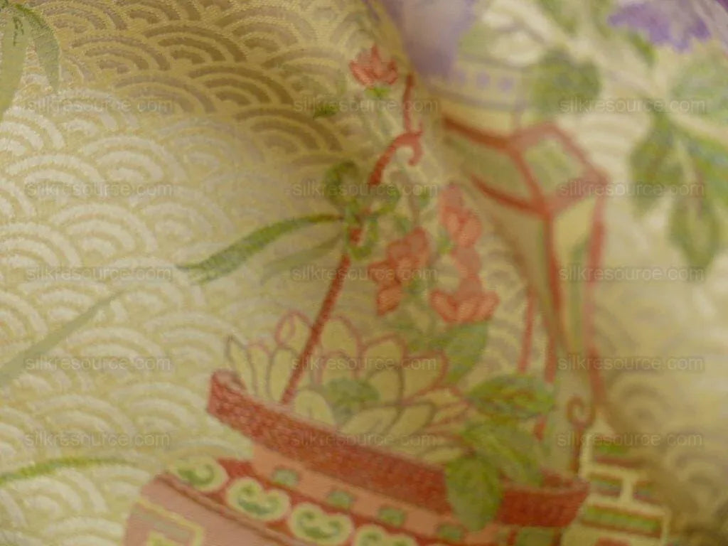 100%silk Chinoisery "carnation"gold Peony Basket Vase Green Purple