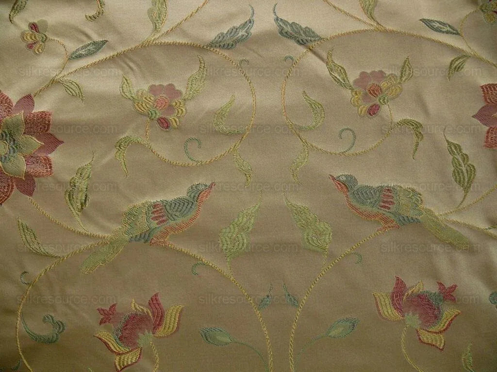 100%SILK LAMPAS SATIN LOVEBIRD CURRY LITE GOLD