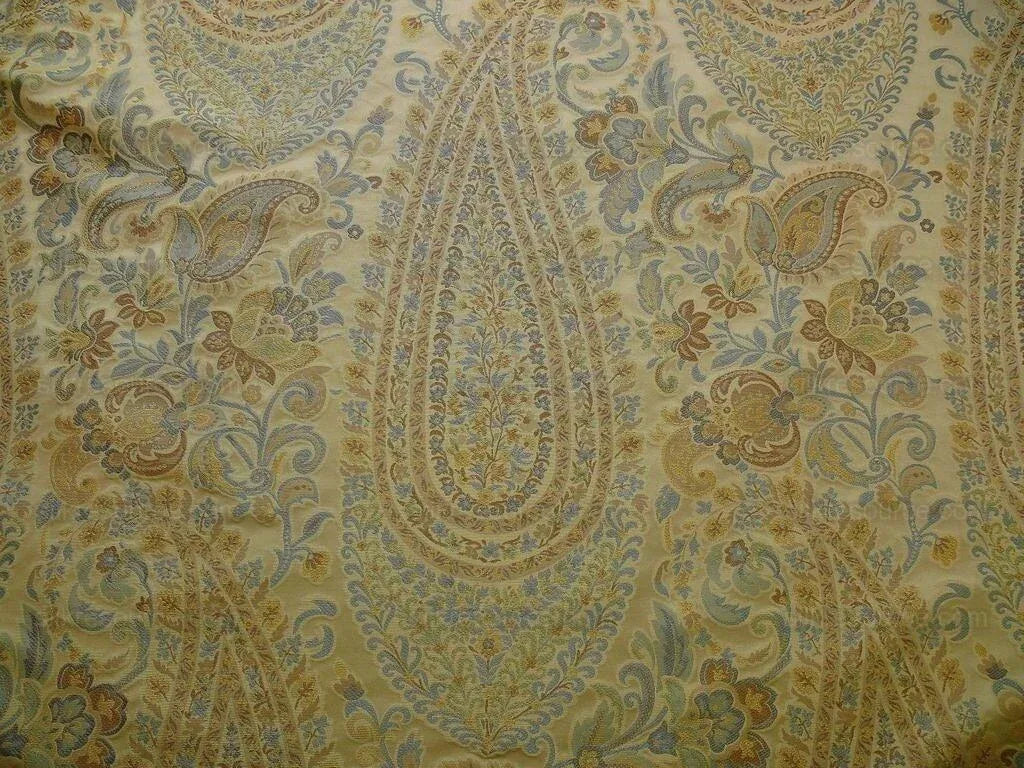 100% Silk Lampas Cashmere Paisley Seaside Blue Gold By Yard