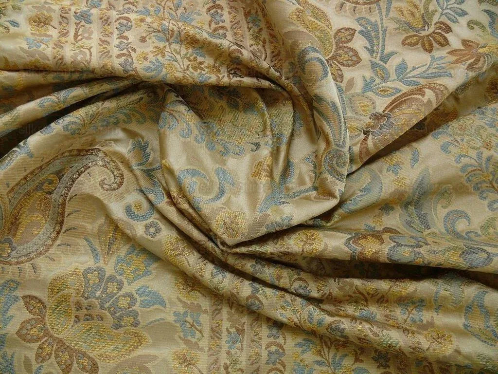 100% Silk Lampas Cashmere Paisley Seaside Blue Gold By Yard