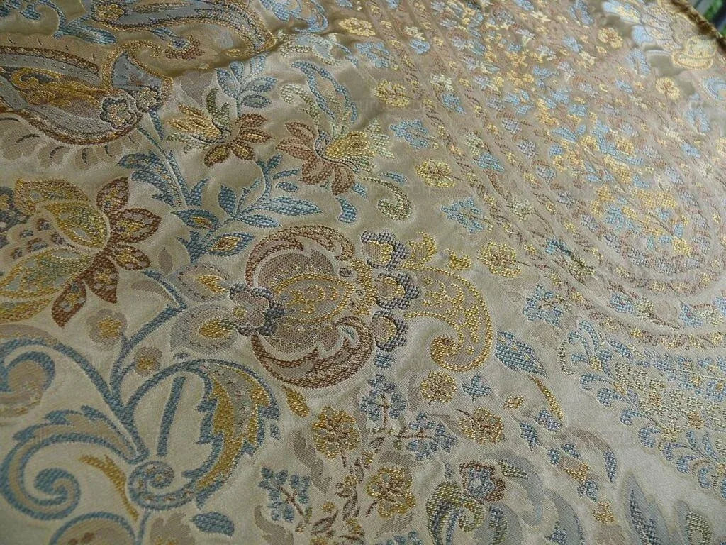 100% Silk Lampas Cashmere Paisley Seaside Blue Gold By Yard