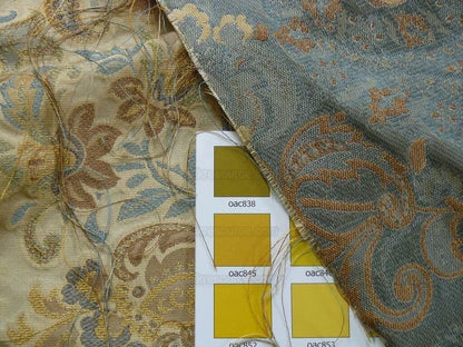 100% Silk Lampas Cashmere Paisley Seaside Blue Gold By Yard