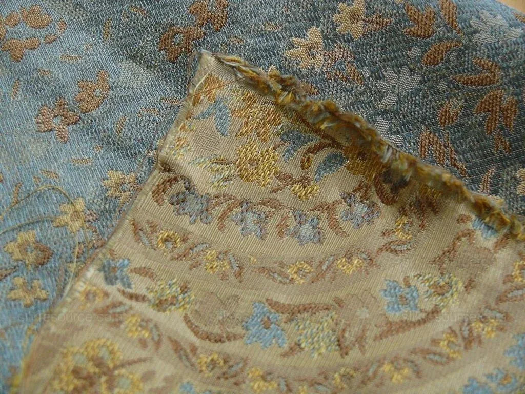 100% Silk Lampas Cashmere Paisley Seaside Blue Gold By Yard