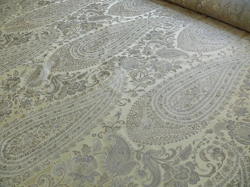 Bty Fab 100% Silk Lampas Cashmere Paisley "pewter" Silver MSRP USD200+/yard