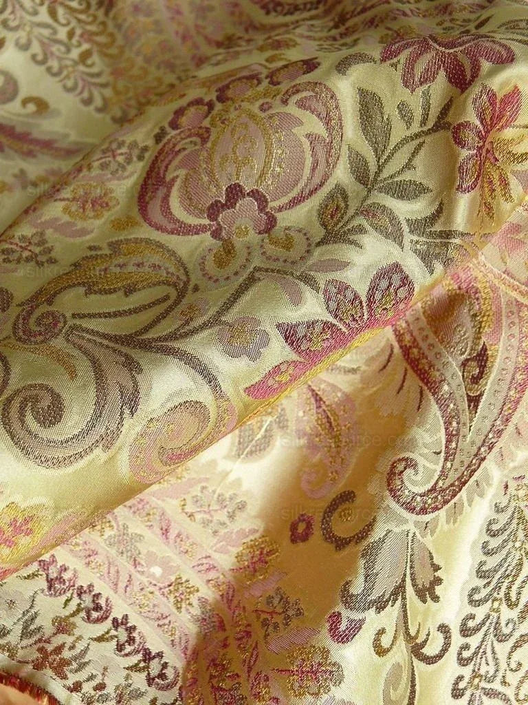 by yard Custom Order By Yard Fab 100% Silk Lampas Cashmere Paisley "claret" Red Pink MSRP USD200+/yard